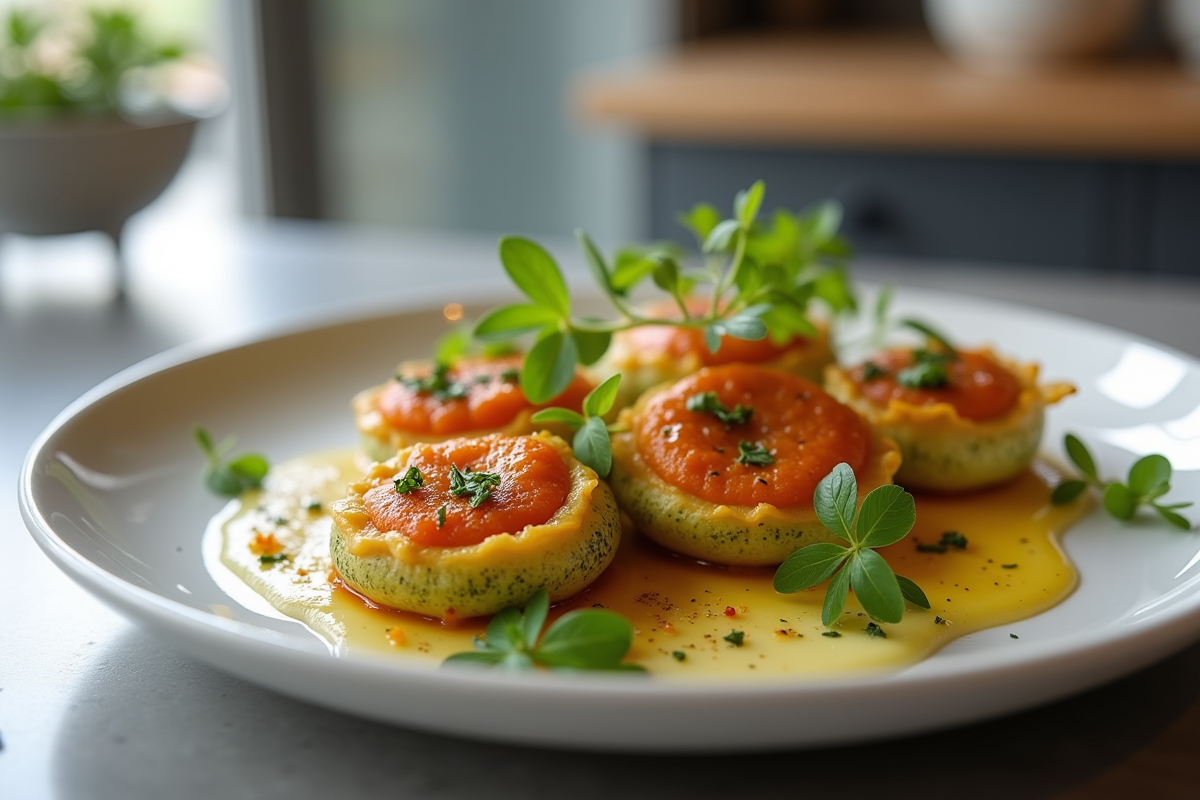 Plat gourmet de fleurs de zucchini farcies avec herbes