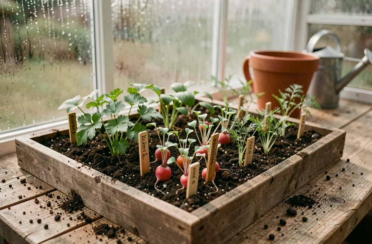Plateau de semis en bois avec rangées de persil, radis et carottes étiquetés dans une serre de jardin