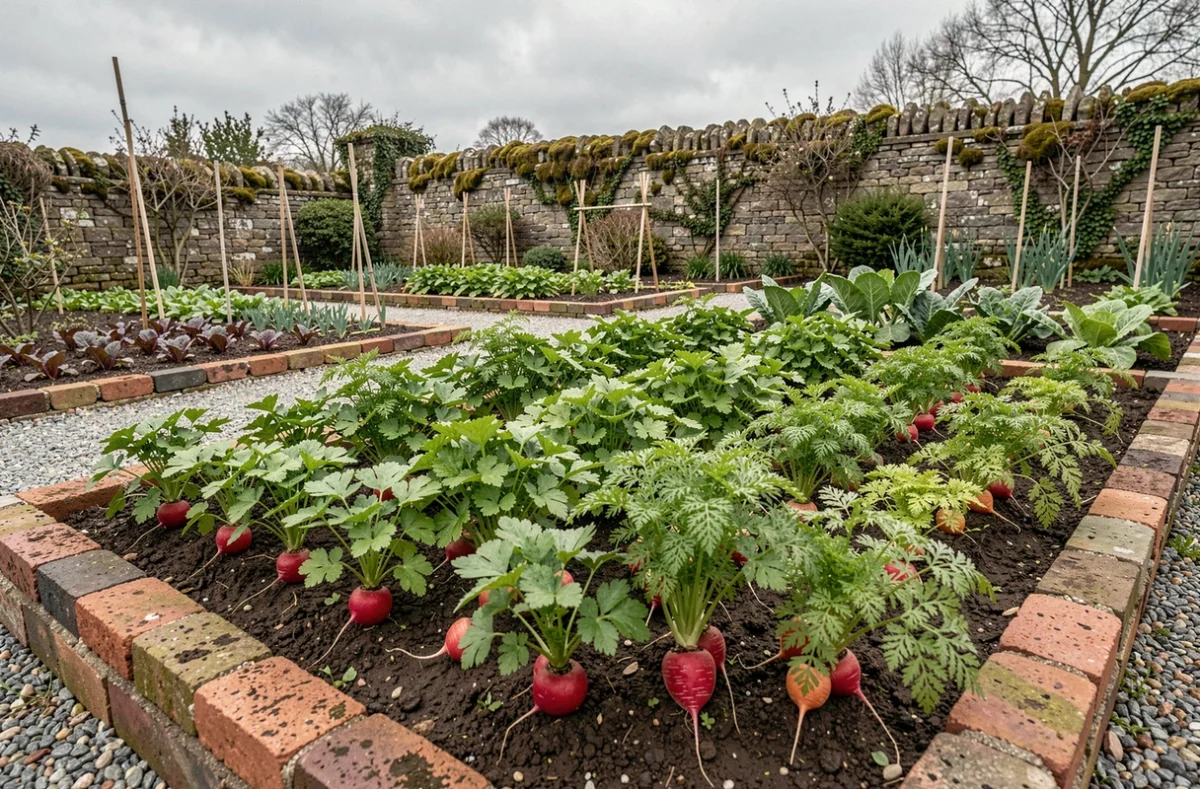 Vue d'ensemble d'un potager extérieur avec association de persil, radis et carottes en rangs alternés