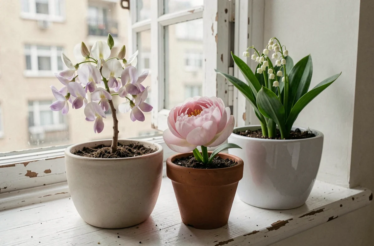 Composition de fleurs de mai en pots variés sur un rebord de fenêtre d'appartement
