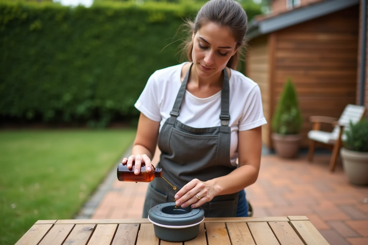 Femme préparant un piège à frelons en versant le liquide attractif dans le dispositif posé sur une table de jardin en bois