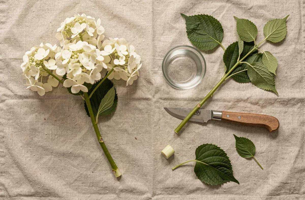 Vue de dessus des outils et tiges d'hortensia préparés pour la bouture dans l'eau sur tissu en lin