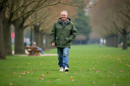 Homme en jeans et veste verte dans un parc verdoyant