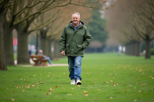 Homme en jeans et veste verte dans un parc verdoyant