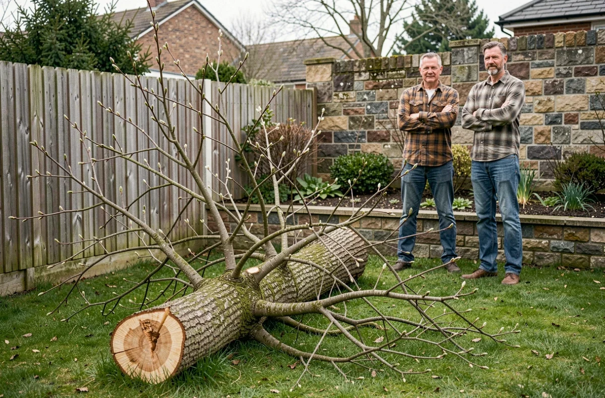 Propriétaire observant un arbre abattu dans son jardin résidentiel au début du printemps