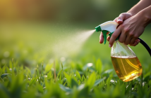Main pulvérisant un herbicide maison sur mauvaises herbes du jardin