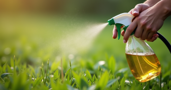 Main pulvérisant un herbicide maison sur mauvaises herbes du jardin