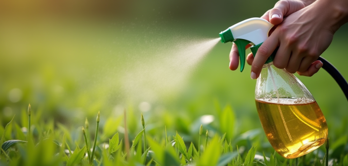 Main pulvérisant un herbicide maison sur mauvaises herbes du jardin