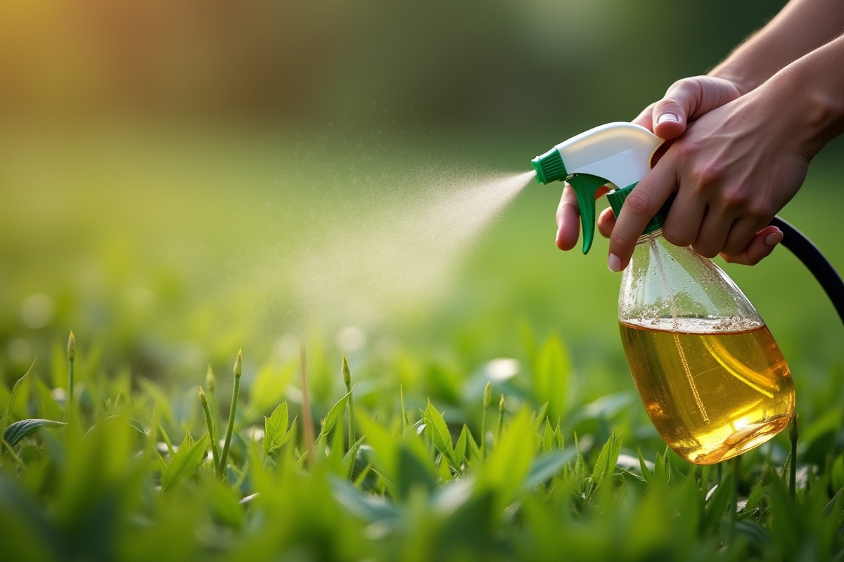 Main pulvérisant un herbicide maison sur mauvaises herbes du jardin