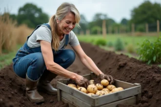 Femme récoltant des pommes de terre dans un jardin potager, brossant la terre des tubercules avant de les déposer dans une caisse en bois
