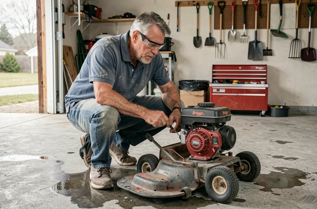 Homme réglant le bras régulateur d'un moteur Briggs et Stratton sur une tondeuse autoportée dans un garage domestique