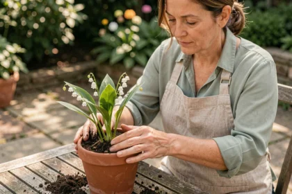 Femme rempotant du muguet en fleur dans un pot en terre cuite sur une terrasse en pierre