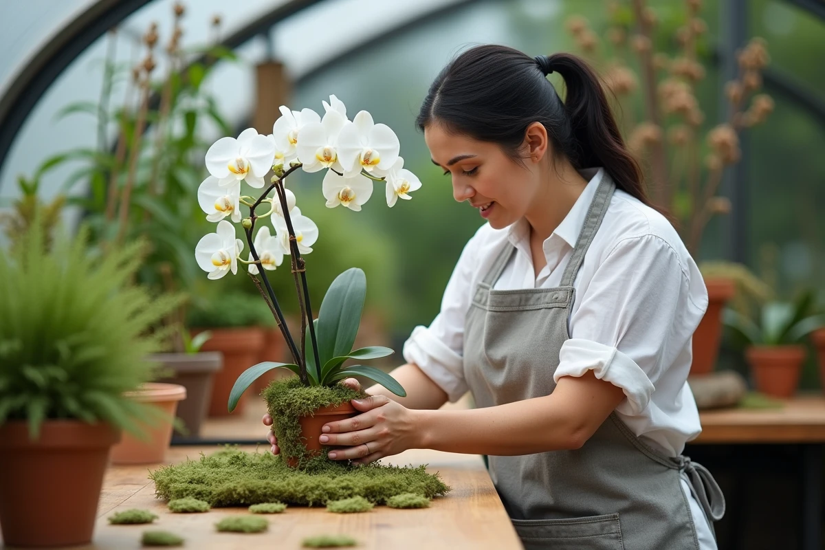 Femme rempotant une orchidée dans de la sphaigne fraîche sur un établi de jardinage, serre intérieure