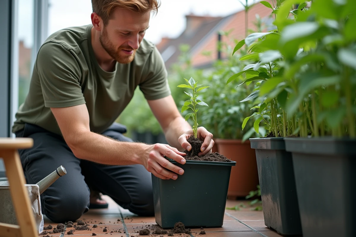 Homme repiquer un plant de haricot vert dans une jardinière sur une terrasse d'appartement