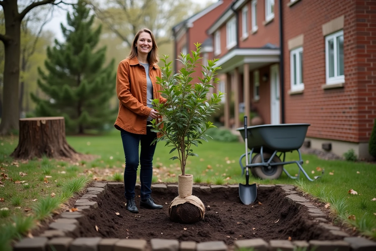 Femme replantant un arbre de remplacement après l'arrachage d'un mûrier platane malade