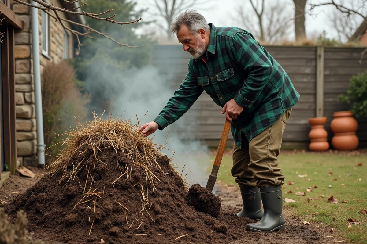 Jardinier retournant un tas de compost organique avec une fourche dans un jardin potager bio semi-rural