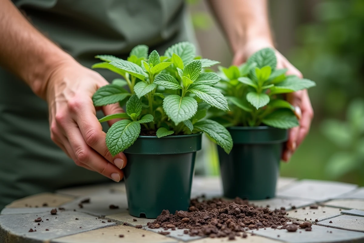 Mains retirant des feuilles de menthe noircies d'un pot, comparaison avec plant sain en extérieur