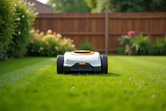 Robot tondeuse Kress en action sur une pelouse de jardin pavillonnaire bien entretenue avec haies fleuries