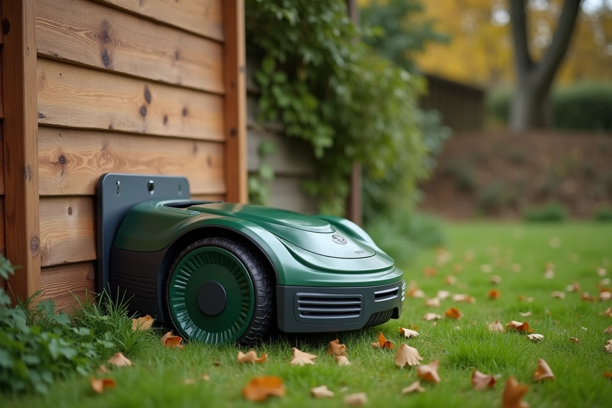 Station de recharge du robot tondeuse Kress installée contre un abri de jardin avec terrain en pente en arrière-plan