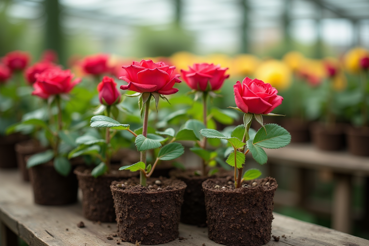 Plusieurs rosiers plantés dans des pots sur une table en serre
