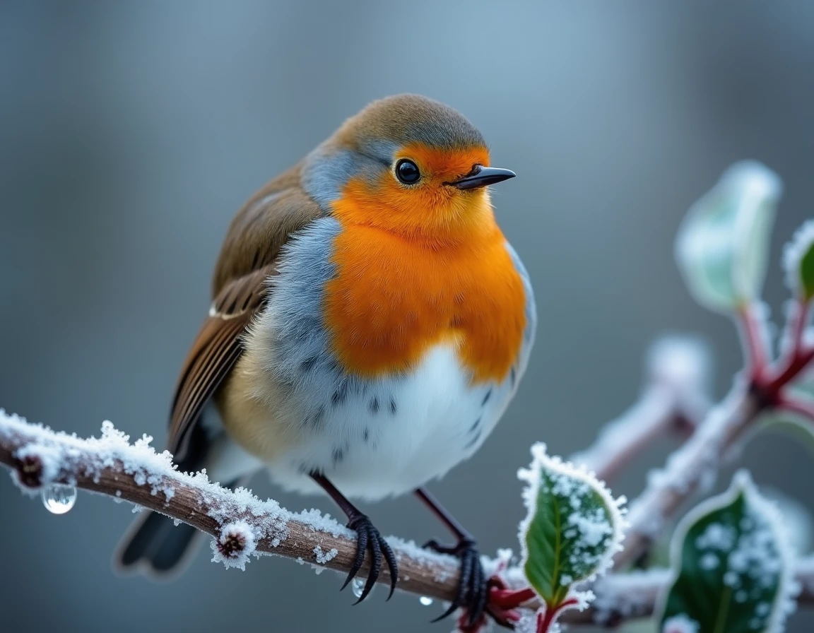 Gros plan d'un rouge-gorge sur une branche de houx givrée en hiver, symbole de résilience et de guidance spirituelle en méditation
