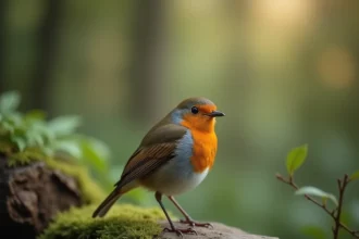 Rouge-gorge posé sur une pierre moussue en forêt, symbolisant la méditation et la connexion spirituelle avec la nature