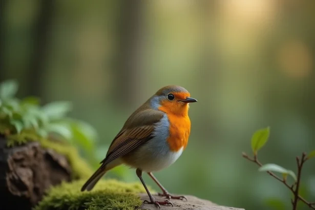 Rouge-gorge posé sur une pierre moussue en forêt, symbolisant la méditation et la connexion spirituelle avec la nature