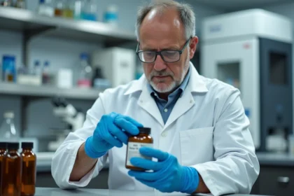 Scientifique en laboratoire analysant un flacon de produit chimique agricole lié au glyphosate