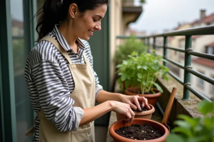 Femme semant des haricots verts dans un pot en terre cuite sur un balcon urbain