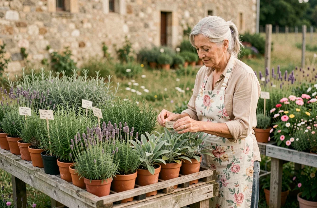 Les Senteurs du Quercy dans le Lot, pépinière de plantes aromatiques et vivaces avec thym, romarin et lavande sur tables en bois rustique