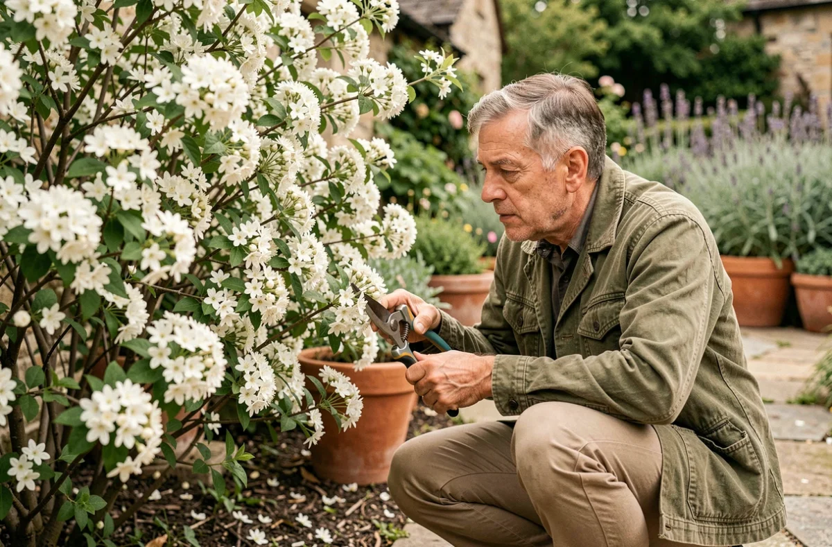 Jardinier hésitant à tailler un seringat en fleurs en été avec un sécateur à la main