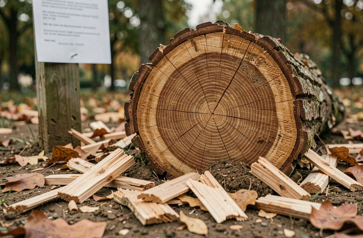 Souche d'arbre fraîchement coupée avec panneau réglementaire visible dans un parc municipal