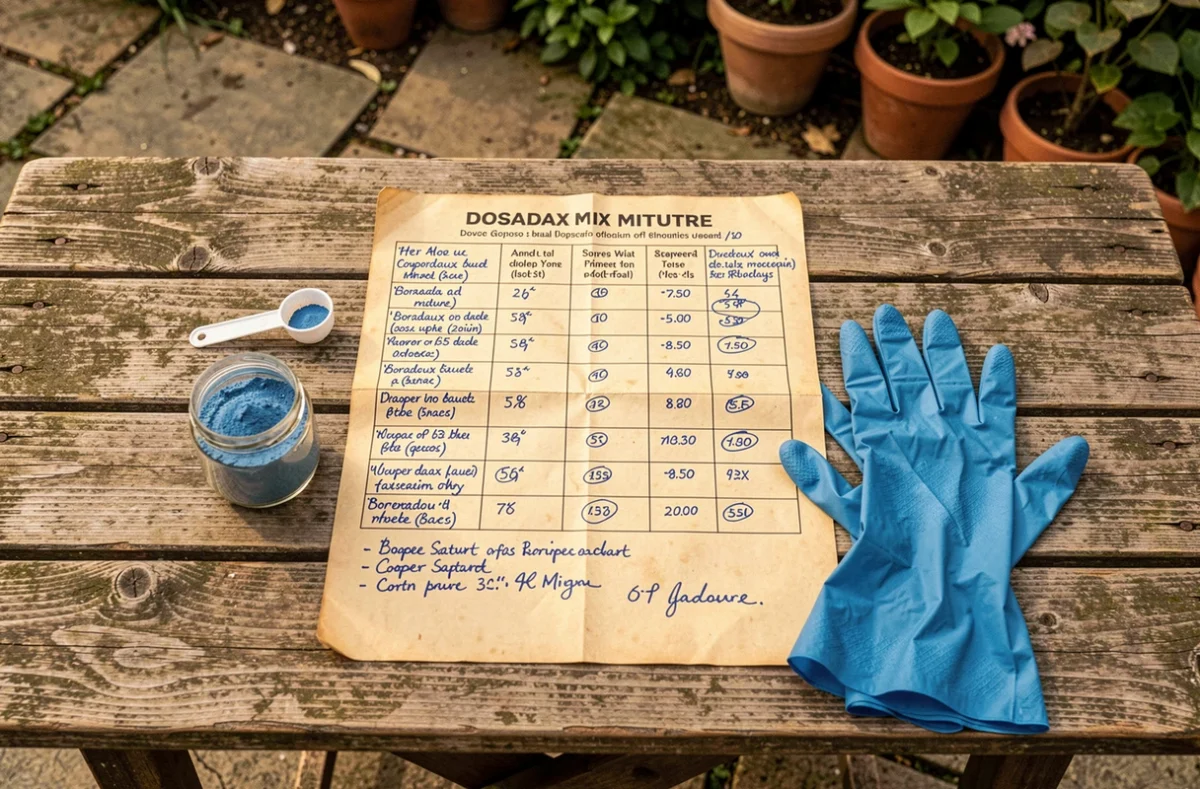 Tableau de dosage de bouillie bordelaise annoté à la main sur une table de jardin avec poudre de sulfate de cuivre