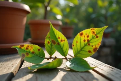 Feuilles de citronnier avec taches brunes et bords jaunis symptômes de maladie ou carence