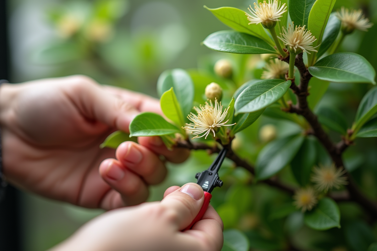 Mains taillant soigneusement un arbre de jade en intérieur