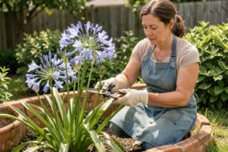 Femme en tablier de jardin qui taille les tiges fanées d'un agapanthe en fleur avec un sécateur, dans un jardin résidentiel ensoleillé