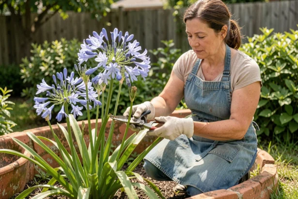 Femme en tablier de jardin qui taille les tiges fanées d'un agapanthe en fleur avec un sécateur, dans un jardin résidentiel ensoleillé