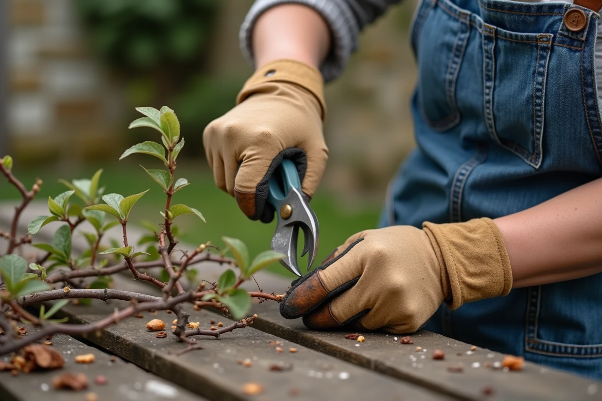 Jardinieure taillant un bougainvillier dormant au sécateur au début du printemps pour favoriser une floraison précoce