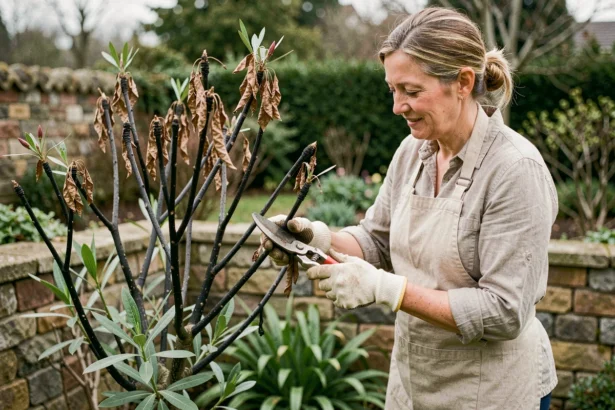 Femme jardinière taillant un laurier rose gelé avec des sécateurs dans un jardin au printemps