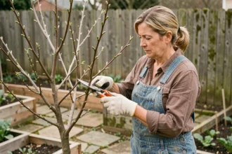 Femme taillant un pêcher de vigne nain dans un potager au printemps avec un sécateur