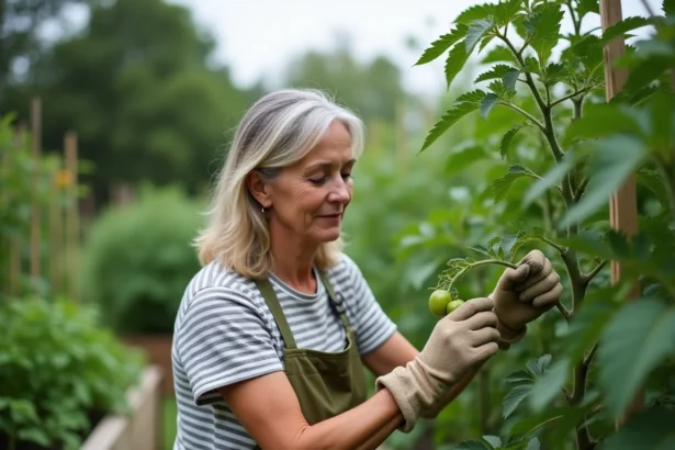 Femme jardinière qui taille les gourmands d'un pied de tomate sans tuteur dans un potager surélevé en bois