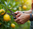 Mains de jardinier taillant un limonier avec des ciseaux