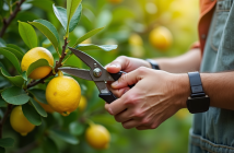 Mains de jardinier taillant un limonier avec des ciseaux