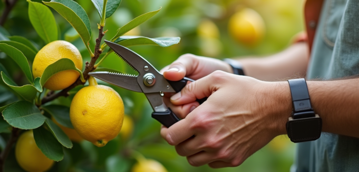 Mains de jardinier taillant un limonier avec des ciseaux