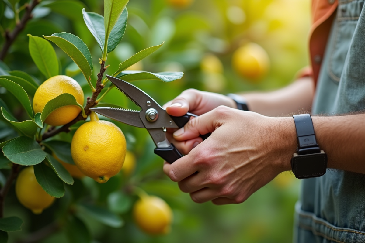 Mains de jardinier taillant un limonier avec des ciseaux