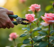 Mains de jardinier taillant un rosier sain en extérieur