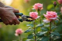 Mains de jardinier taillant un rosier sain en extérieur