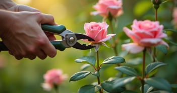 Mains de jardinier taillant un rosier sain en extérieur