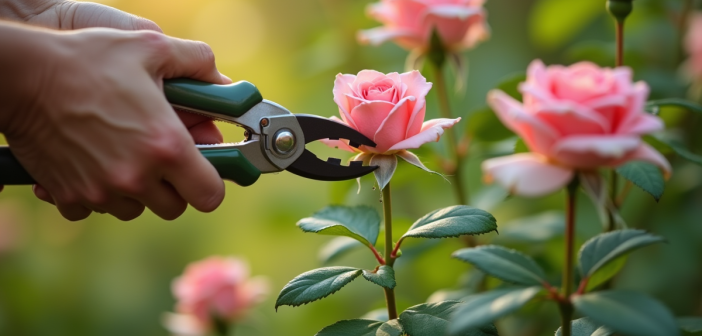 Mains de jardinier taillant un rosier sain en extérieur