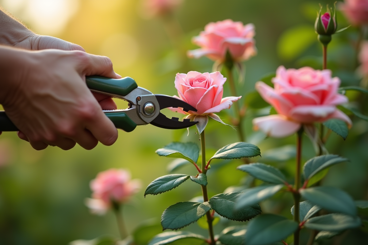 Mains de jardinier taillant un rosier sain en extérieur